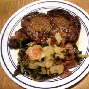 Ribeye Steak with Turnips and Collard Greens with Bacon
